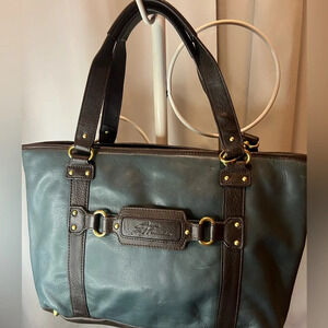 Stone Mountain Large Leather Shoulder Bag Green with brown Trim